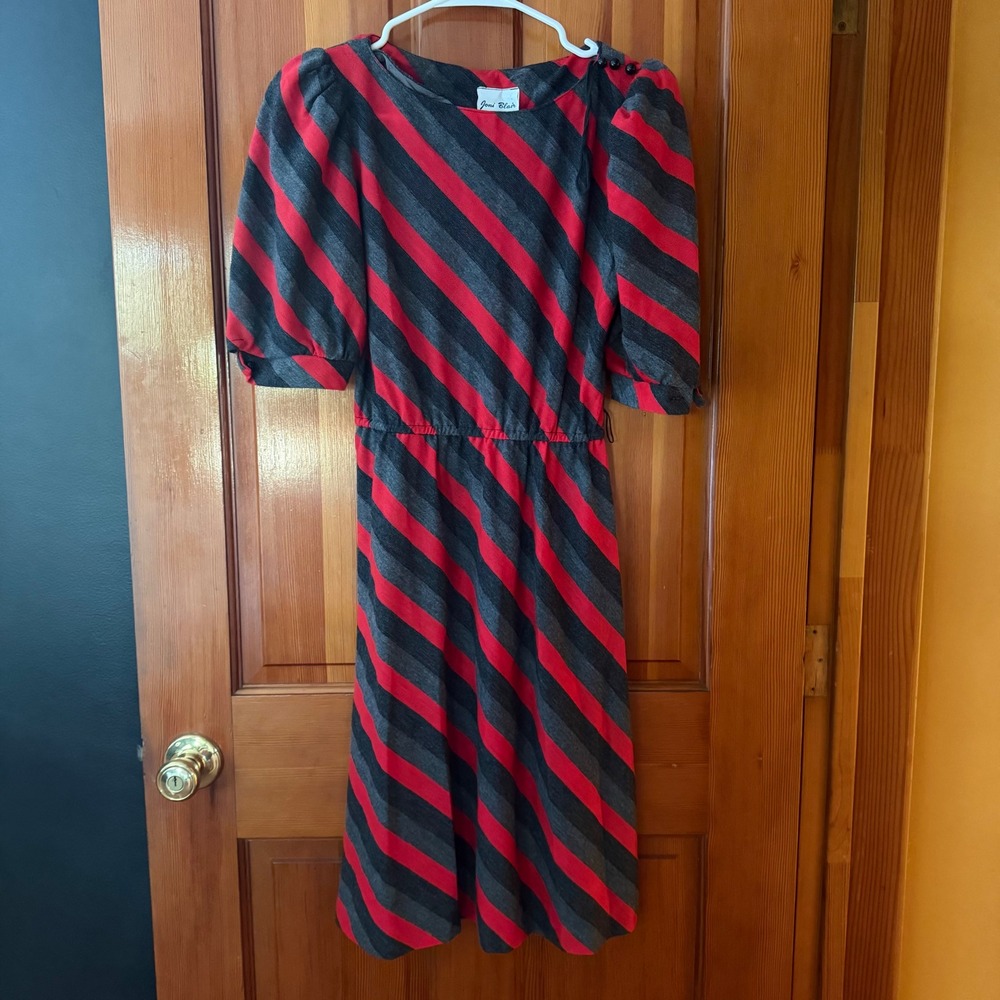 Joni Blair Dress Red Gray Vintage 80s Midi Stripe Puff Sleeve Stranger Things